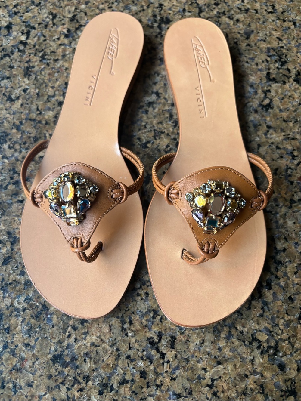 Tapeet Vicini Beaded Leather Thong Sandals Brown EU 38 US 8.5 Slip On